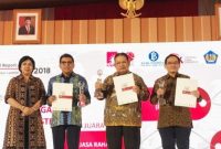 Dirut Jasa Raharja, Budi Rahardjo S (kedua kiri) saat menerima penghargaan sebagai Juara II Annual Report Award Tahun Buku 2018 / Foto Istimewa