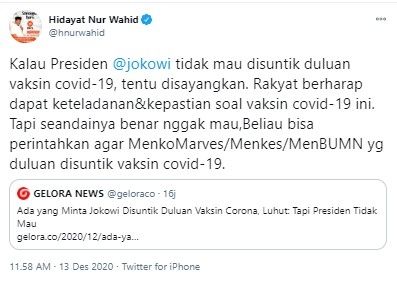 Description: HNW usul Luhut dan Terawan lebih dulu suntik Covid-19 (Twitter/hnurwahid)