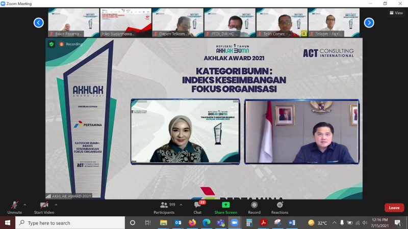 PT Pertamina (Persero) berhasil meraih penghargaan AKHLAK Award 2021 pada kategori BUMN : Indeks Keseimbangan Fokus Organisasi yang diselenggarakan oleh ACT Consulting secara virtual, Kamis (15/07). (Foto: Dok. Pertamina)