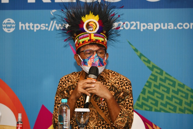 Menkominfo Johnny G.Plate, dalam Konferensi Pers bersama Forum Komunikasi Pimpinan Daerah Kabupaten Jayapura yang berlangsung secara hybrid, dari Media Center Klaster Kabupaten Jayapura, Papua, Kamis (23/09/2021)./ Ist