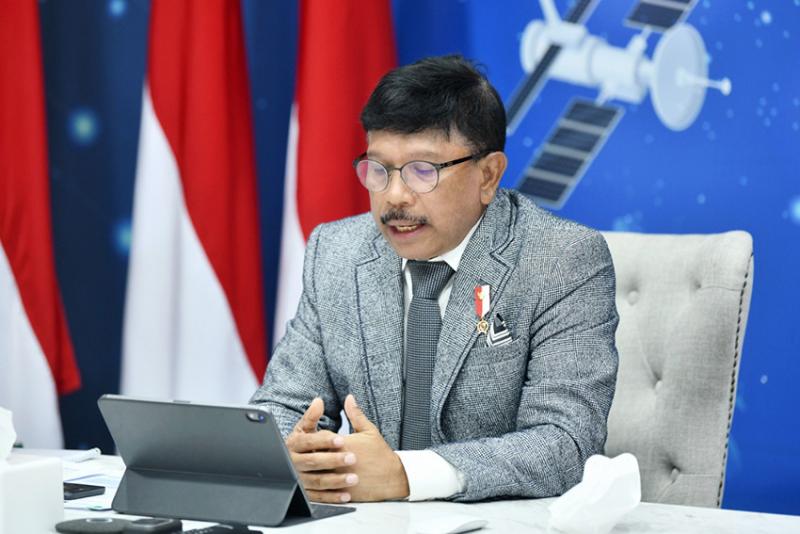 Menkominfo Johnny G. Plate saat memberikan pernyataan dalam Peluncuran Digital Economy Report 2021 oleh United Nations Conference on Trade and Development (UNCTAD), dari Jakarta, Rabu (29/09/2021). / Foto Ist