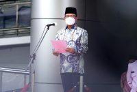 Menteri Komunikasi dan Informatika Johnny G. Plate saat Upacara Peringatan ke-76 Hari Pahlawan di Kantor Kementerian Kominfo, Jakarta Pusat, Rabu (10/11/2021).