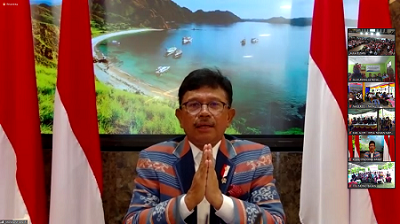 Menteri Komunikasi dan Informatika Johnny G. Plate menghadiri Puncak Peringatan HUT ke-63 Provinsi NTT dan Peresmian Pemanfaatan 16 BTS BAKTI Kementerian Kominfo di NTT secara virtual dari Jakarta, Senin (20/12/2021).