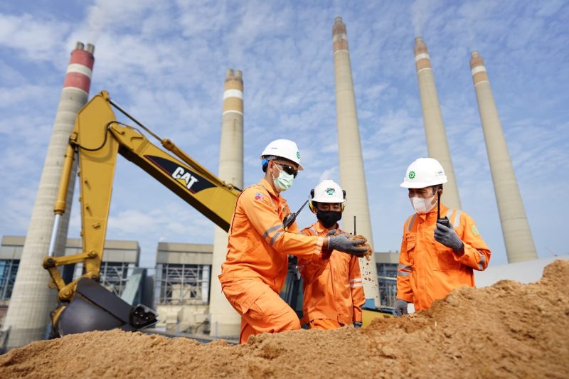 Petugas PLN Indonesia Power melakukan pengecekan terhadap biomassa sawdust yang akan digunakan sebagai substitusi bahan bakar batu bara atau co-firing di Pembangkit Listrik Tenaga Uap (PLTU) Suralaya, Cilegon, Banten.