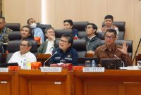 Direktur Utama PLN Darmawan Prasodjo (kanan) saat memaparkan skenario  Accelerated Renewable Energy Development (ARED) untuk meningkatkan penggunaan energi terbarukan di Indonesia pada Rapat Dengar Pendapat dengan Komisi VII DPR RI, Rabu (15/11), di Jakarta. Turut hadir Direktur Jenderal Ketenagalistrikan  Jisman P Hutajulu (tengah) dan Direktur Jenderal Energi Baru Terbarukan dan Konservasi Energi Yudo Dwinanda Priaadi (kiri).