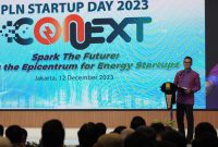 Direktur Utama PLN Darmawan Prasodjo saat menyampaikan sambutan dalam acara PLN Startup Day Connext bertajuk “Spark The Future: PLN as The Epicentrum for Energy Startups” yang digelar di PLN Kantor Pusat, Jakarta, Selasa (12/12).