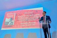 Direktur Utama PLN Darmawan Prasodjo saat menyampaikan sambutannya dalam peluncuran buku biografi “Jokowi Mewujudkan Mimpi Indonesia” karya yang diterbitkan dalam versi Bahasa Arab di sela-sela acara COP28 di Dubai, Uni Emirat Arab pada Sabtu (2/12).