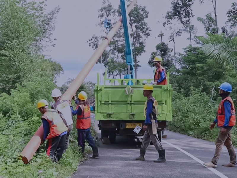 Petugas PLN melakukan pekerjaan pemasangan tiang listrik di Desa Ngancar, NTT.