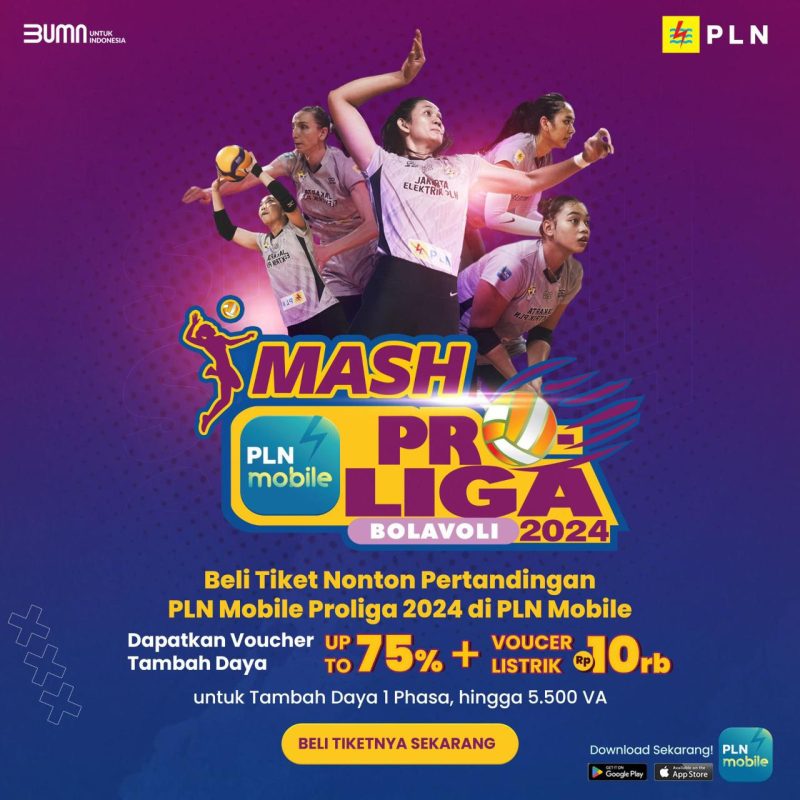 Promo program Smash PLN Mobile Proliga 2024 yang dapat dinikmati oleh masyarakat dengan membeli tiket PLN Mobile Proliga 2024 di aplikasi PLN Mobile.