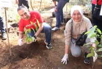  Direktur Utama Infomedia Eddy Sofryano (Kiri) dan Kepala Bidang PTN Wilayah III TNGGP Susanti (Kanan) saat melakukan penanaman pohon pada acara penanaman 1.000 pohon di Taman Nasional Gede Pangrango (TNGGP), beberapa waktu lalu.

