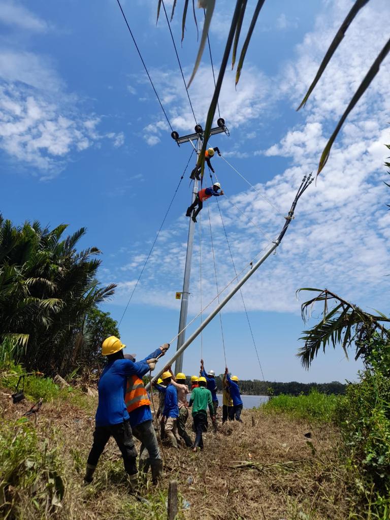 Petugas PLN bergotong-royong dalam membangun jaringan listrik untuk menerangi desa-desa di Sintang, Kalimantan Barat.