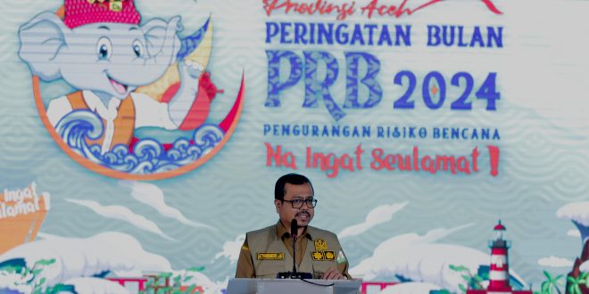 Plh. Sekda Aceh, Azwardi, AP, M.Si, saat menyampaikan sambutan Pj Gubernur Aceh sekaligus membuka kegiatan Peringatan Bulan Pengurangan Risiko Bencana (PRB) Nasional 2024,/ foto ist