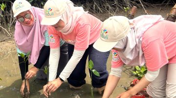 Srikandi PLN ketika melakukan penanaman bibit mangrove di kawasan Ekowisata Cuku Nyinyi, Kabupaten Pesawaran, Lampung. Aksi kesadaran akan lingkungan yang rutin dilakukan secara nasional ini menjadi salah satu wujud penerapan prinsip ESG.