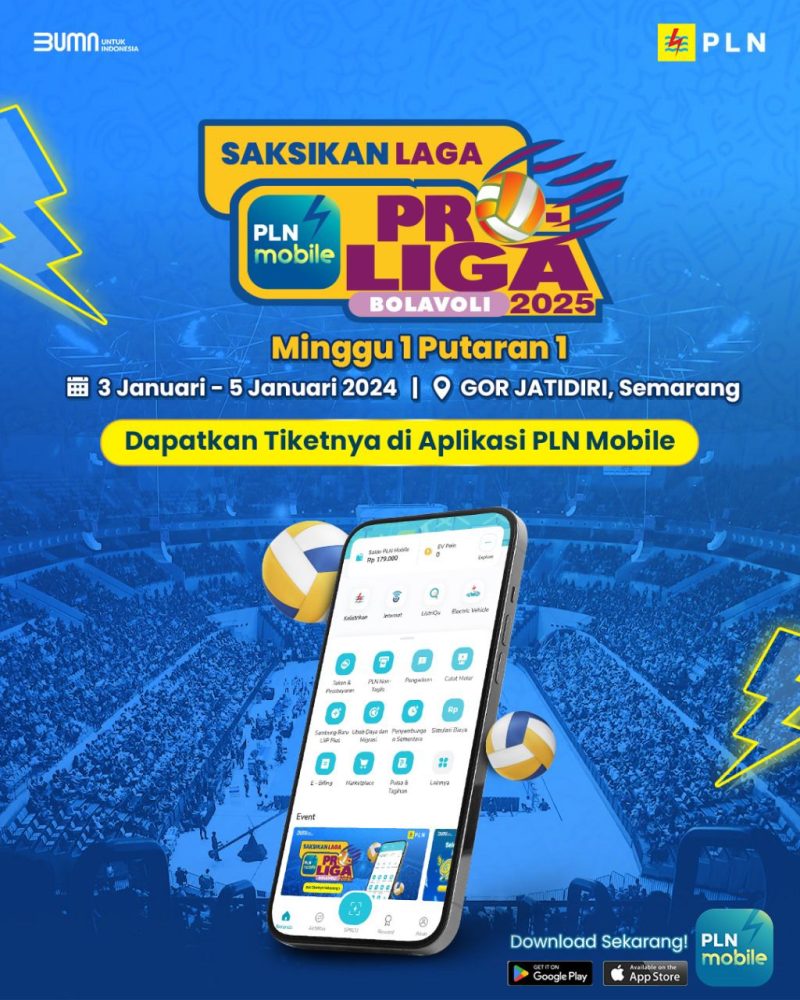 PLN memberikan kemudahan bagi para pelanggan, khususnya penggemar bola voli yang ingin menonton PLN Mobile Proliga 2025 pada 3 Januari hingga 11 Mei 2025. Untuk pekan pertama yang berlangsung di GOR Jatidiri, Semarang dari tanggal 3-5 Januari, seluruh tiket pertandingan telah tersedia dan dapat dibeli melalui PLN Mobile.