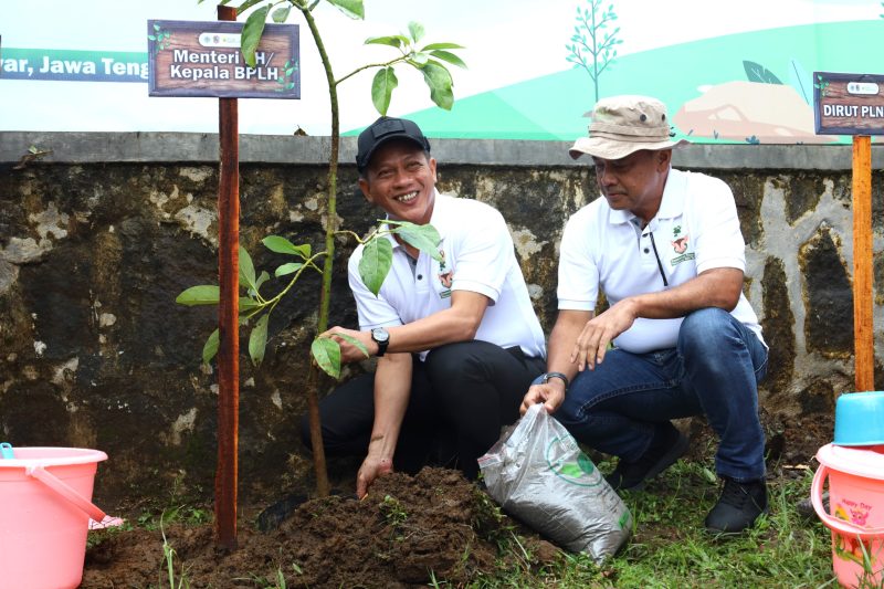 Menteri Lingkungan Hidup Hanif Faisol (kiri) bersama Direktur Utama PLN Nusantara Power Ruly Firmansyah (kanan) saat melakukan penanaman pohon sebanyak 1.500 bibit pohon multiguna seperti alpukat, jeruk bali, nangka madu, dan durian di Karanganyar, Jawa Tengah (13/5).