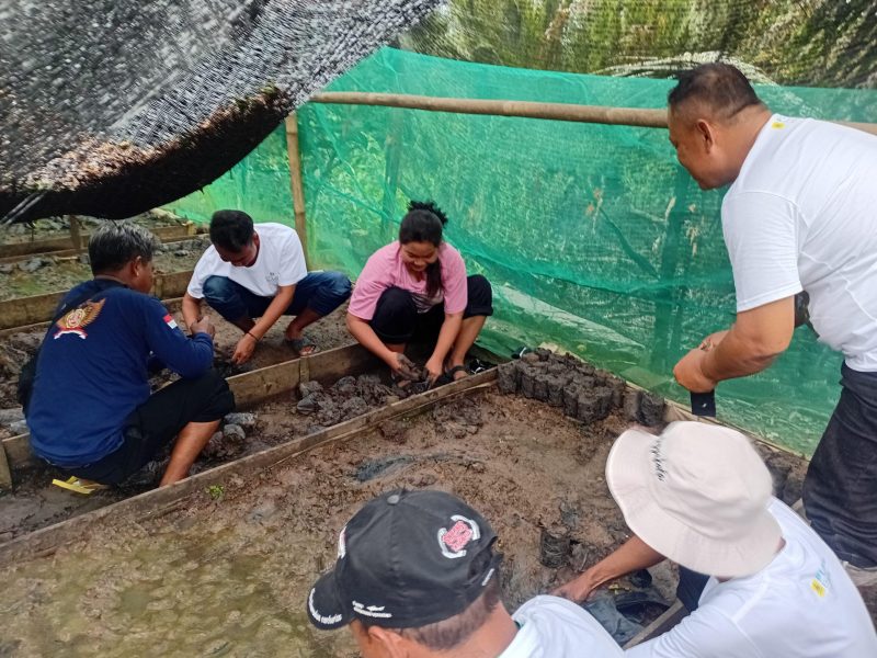 Kelompok Tani Hutan (KTH) Wana Lestari praktek merawat  bibit mangrove didampingi Instruktur Program dengan demikian diharapkan KTH Wana Lestari memiliki pemahaman dan kemampuan dalam memelihara rumah bibit dan merawat Mangrove dan dapat meningkatkan keberhasilan program pemberdayaan kawasan ekowisata Mangrove di Desa Bunton.