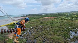 Petugas PLN tengah melakukan pemeliharaan jaringan transmisi Saluran Udara Tegangan Tinggi (SUTT) 150 kiloVolt (kV) sebagai bagian dari upaya memastikan keandalan pasokan listrik secara nasional. Komitmen ini menjadi fondasi dalam mendorong peningkatan kinerja PLN, yang pada Tahun Buku 2024 ini mencetak pendapatan sebesar Rp545,38 triliun.