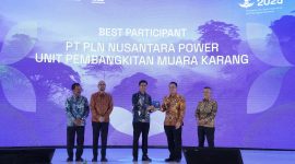 Senior Manager PLN Nusantara Power UP Muara Karang Kurniawan Dwi Hananto (batik biru) menerima  penghargaan Top Best 4 Participant ENSIA 2025 dari Wakil Menteri Lingkungan Hidup, Diaz Hendropriyono (batik kuning) pada Selasa (16/9) di Jakarta.