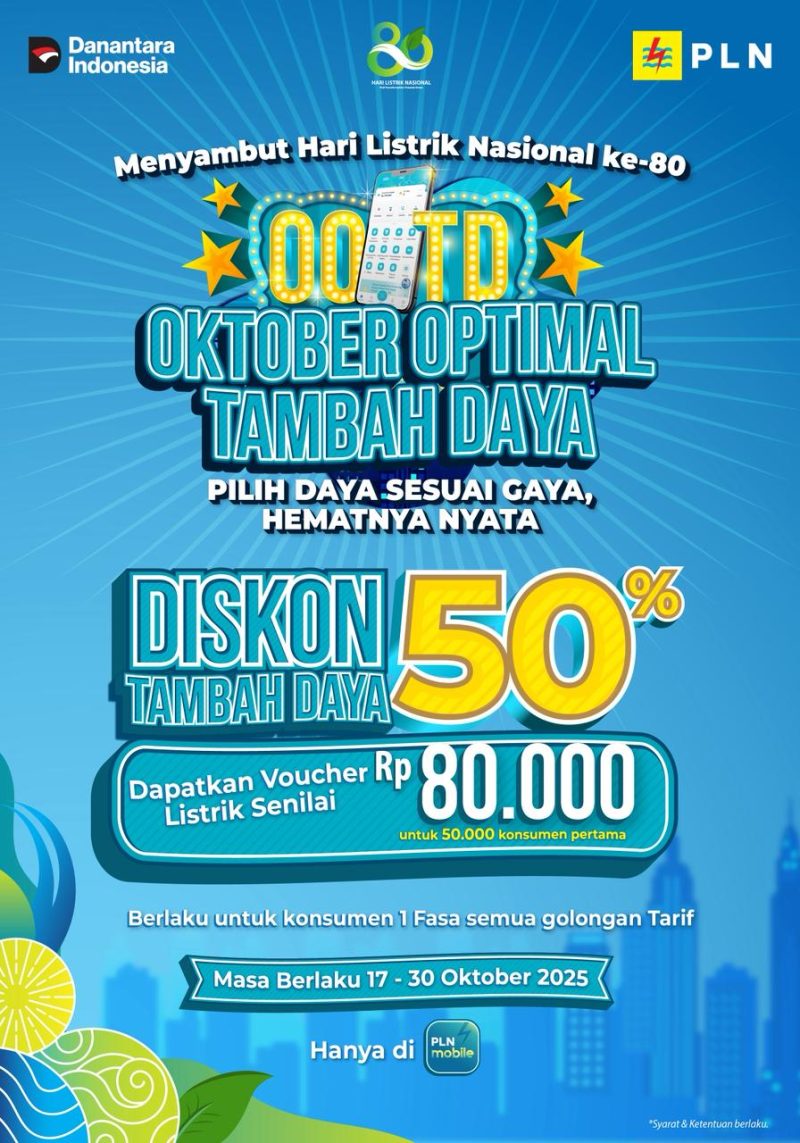 Dalam rangka memperingati Hari Listrik Nasional (HLN) ke-80, PLN menghadirkan program spesial Oktober Optimal Tambah Daya (OOTD). Melalui program ini, pelanggan dapat menikmati diskon 50% biaya tambah daya listrik serta mendapatkan voucher listrik senilai Rp80 ribu bagi 50 ribu pelanggan pertama yang berhasil melakukan tambah daya. Promo ini berlaku mulai 17 hingga 30 Oktober 2025.