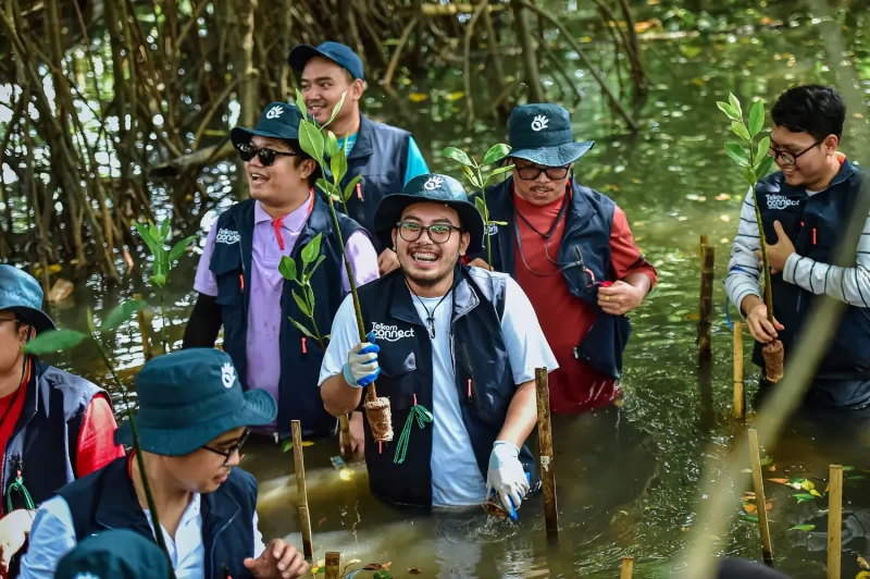 Penanaman Mangrove oleh relawan pada acara “Earth Mission - Mangrove Chapter” yang dilaksanakan di Kawasan Hutan Lindung Angke Kapuk, Jakarta Utara pada beberapa waktu yang lalu.
