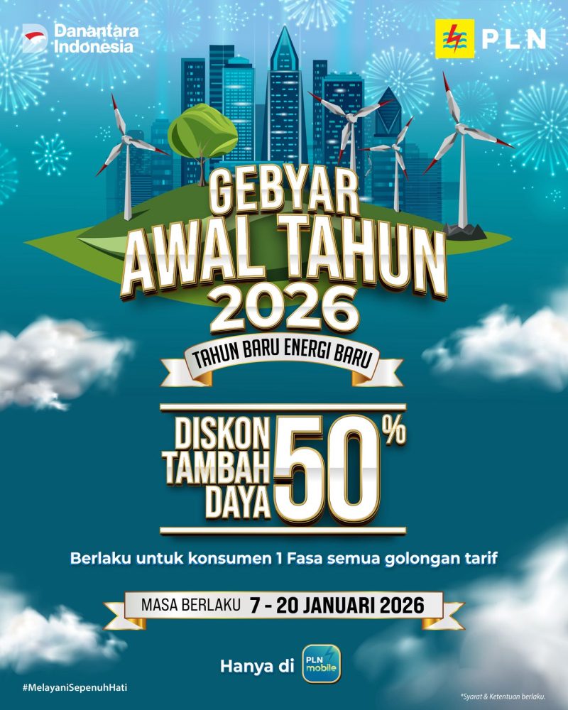 Gebyar Awal Tahun 2026, PLN meluncurkan program promo bertajuk “Tahun Baru Energi Baru” yang memberikan diskon 50% untuk biaya tambah daya listrik. Program ini berlangsung mulai 7 hingga 20 Januari 2026.