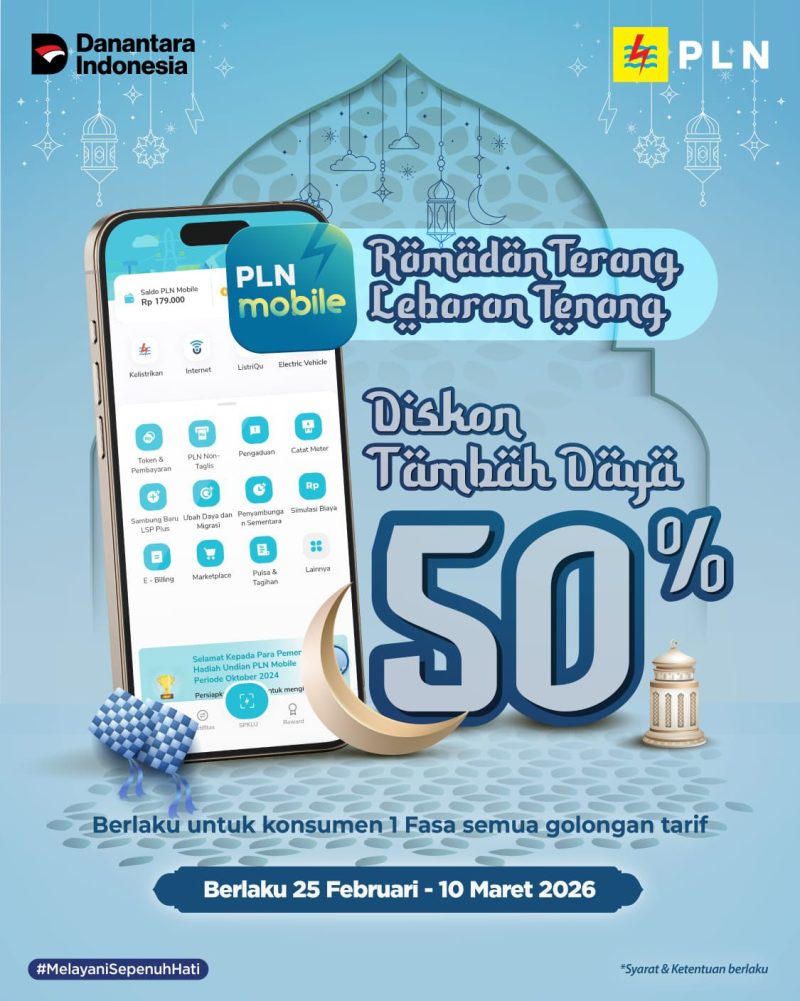 Menyemarakkan bulan suci dengan penuh keberkahan, PLN kembali hadir melalui program spesial Ramadan untuk memastikan momen ibadah masyarakat semakin nyaman. Melalui promo PLN  menawarkan diskon Tambah Daya sebesar 50% yang berlaku bagi pelanggan 1 Fasa di semua golongan tarif, mulai dari tanggal 25 Februari hingga 10 Maret 2026