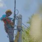 Petugas PLN melakukan penyambungan listrik tegangan rendah agar dapat melistriki rumah rumah masyarakat di Dusun Noemuke.