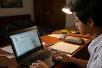Ilustrasi seorang anak sedang fokus mengerjakan tugas menggunakan laptop di kamarnya pada malam hari.