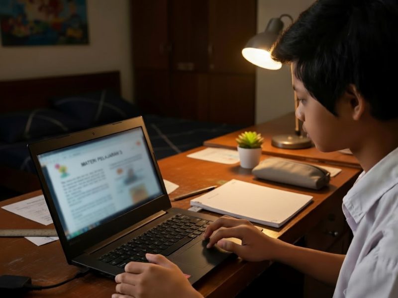 Ilustrasi seorang anak sedang fokus mengerjakan tugas menggunakan laptop di kamarnya pada malam hari.